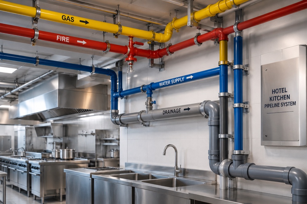 Labelled commercial hotel kitchen gas pipeline system routed above the cooking line