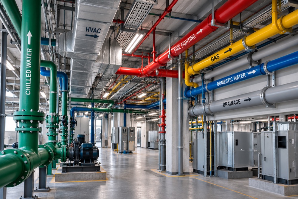 Colour-coded gas line routed safely alongside other utility pipework in a plant room