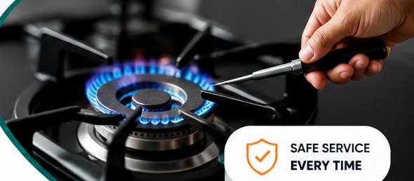 Gas engineer servicing a stove burner with a healthy blue flame — safe service every time
